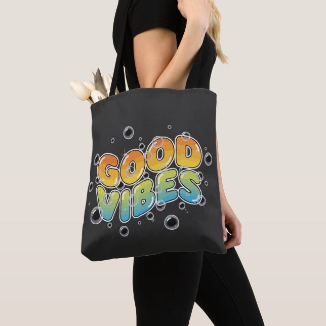 Retro 90s Good Vibes Bubbly Graffiti Typography Tote Bag (Close Up)