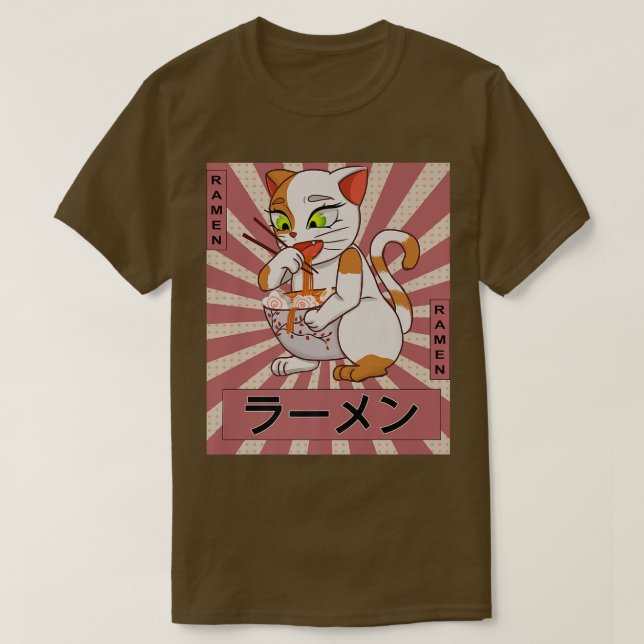 Retro 90s Japanese Kawaii Anime Cat Eating Ramen N T-Shirt (Design Front)