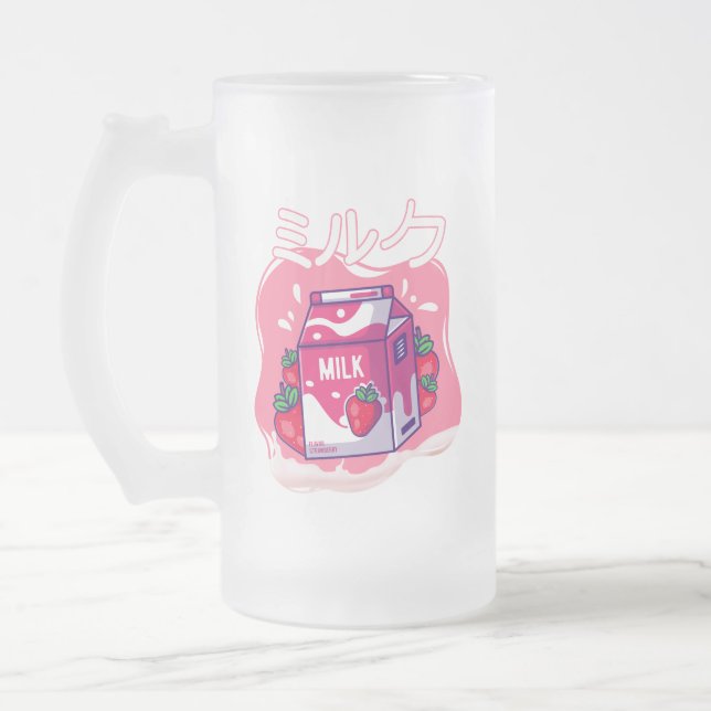 Retro 90s Japanese Kawaii Strawberry Milk Frosted  Frosted Glass Beer Mug (Left)