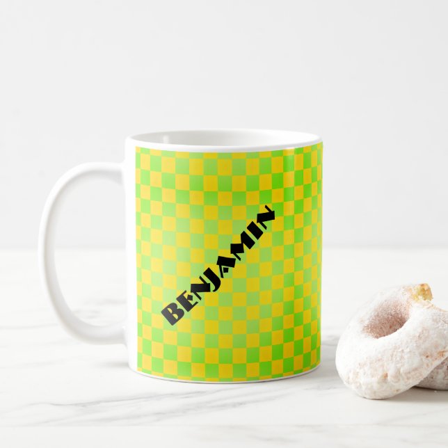 Retro 90s Lemon Yellow Lime Green Chequerboard Coffee Mug (With Donut)