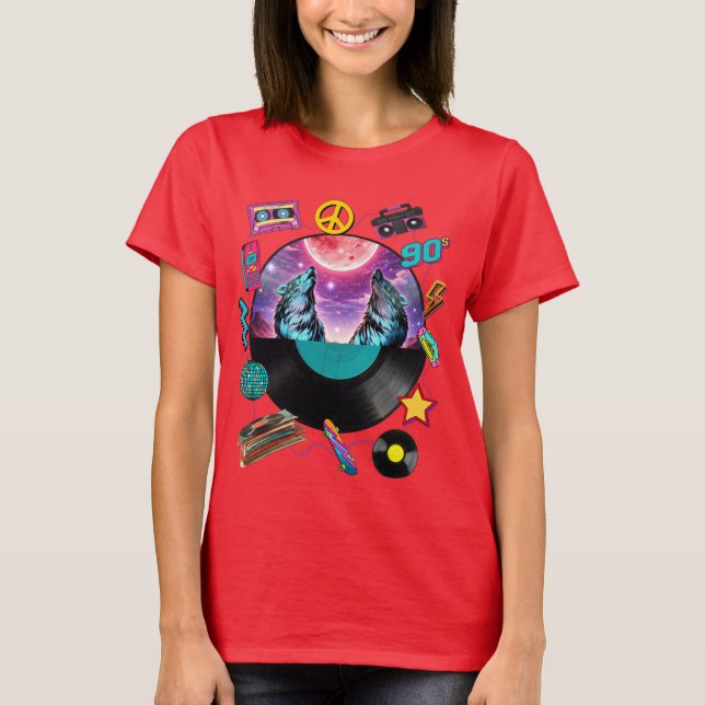 Retro 90s Midnight Wolf & Boombox Circular Collage T-Shirt (Front)