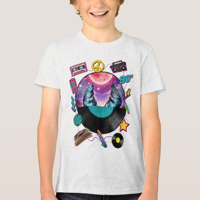 Retro 90s Midnight Wolf & Boombox Circular Collage Tri-Blend Shirt (Front)