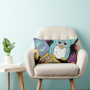 Retro 90s Nostalgia Doodle Pattern Toy and Tech Lumbar Cushion