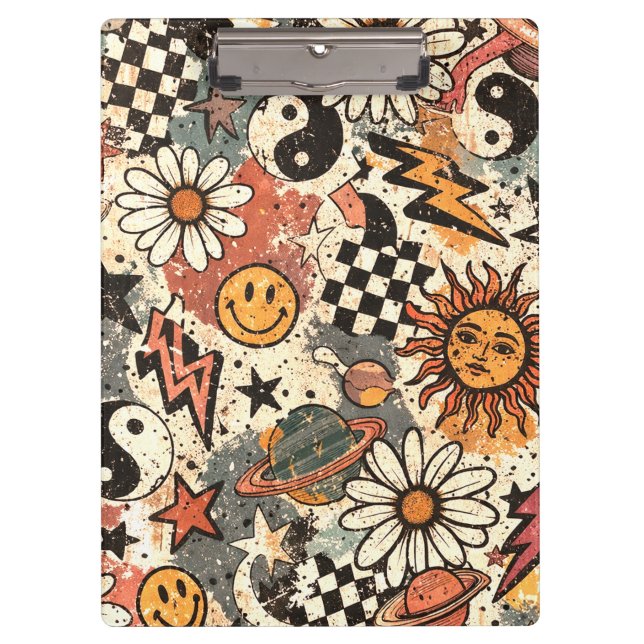 Retro 90s Psychedelic Doodle Pattern with Yin Yang Clipboard (Front)