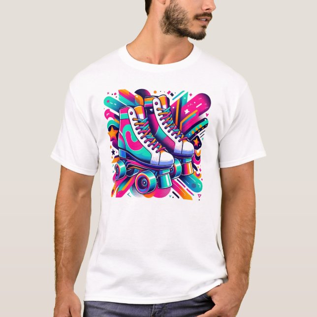 Retro 90s Roller Skates – Vibrant Throwback Design T-Shirt (Front)