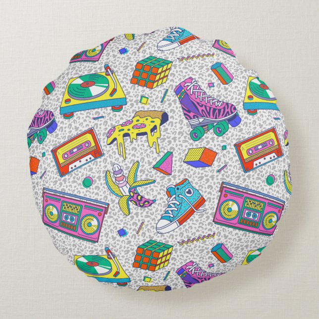 Retro 90s Skate Party Pattern Round Cushion (Back)