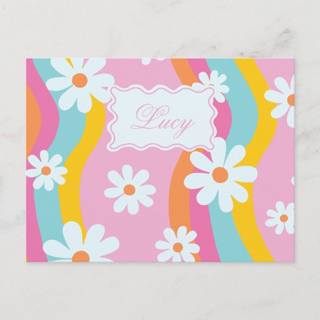 Retro 90s stripes and flowers customisable design postcard (Front)