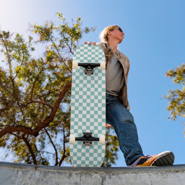Retro 90s Turquoise Chequered Pattern Chequerboard Skateboard (Outdoor 1)
