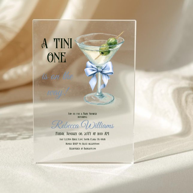 Retro A Tini One Martini Blue Bow Boy Baby Shower Acrylic Invitations (Creator Uploaded)