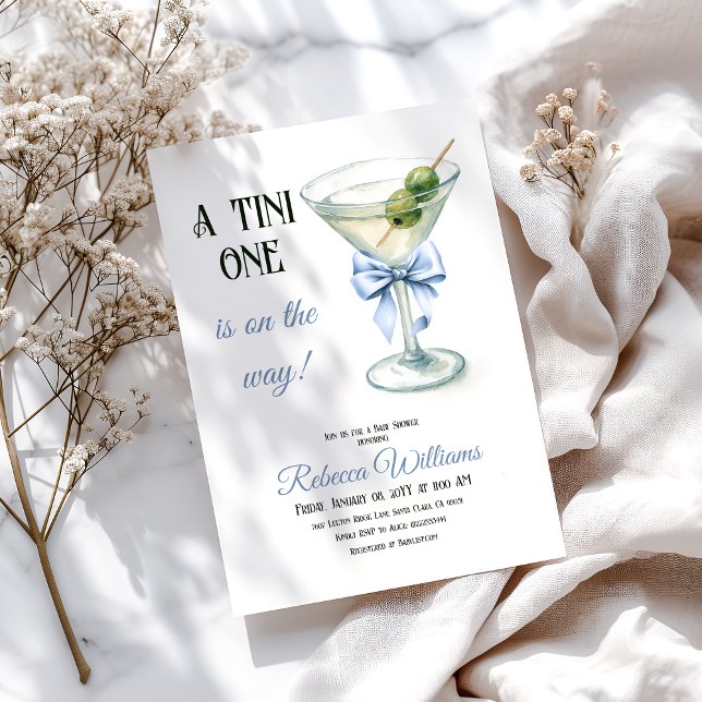 Retro A Tini One Martini Blue Bow Boy Baby Shower Invitation (Creator Uploaded)