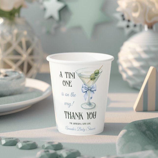 Retro A Tini One Martini Blue Bow Boy Baby Shower Paper Cups (Creator Uploaded)