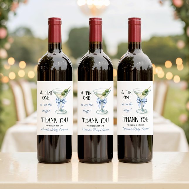 Retro A Tini One Martini Blue Bow Boy Baby Shower Wine Label (Creator Uploaded)