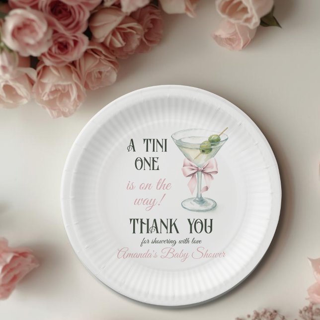 Retro A Tini One Martini Pink Bow Girl Baby Shower Paper Plate (Creator Uploaded)