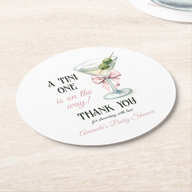 Retro A Tini One Martini Pink Bow Girl Baby Shower Round Paper Coaster (Angled)