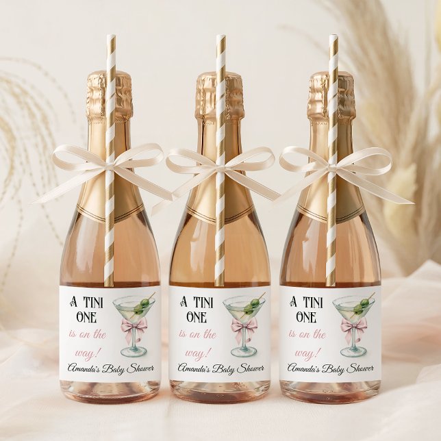 Retro A Tini One Martini Pink Bow Girl Baby Shower Sparkling Wine Label (Creator Uploaded)