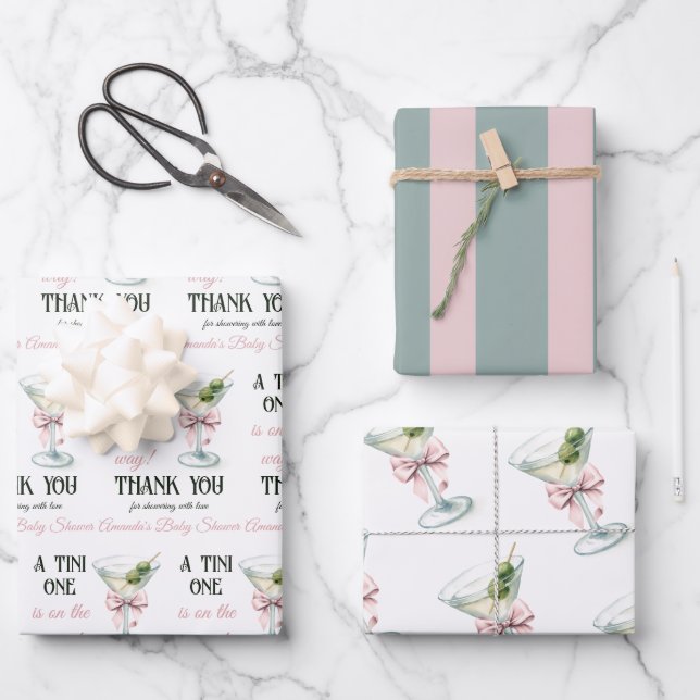 Retro A Tini One Martini Pink Bow Girl Baby Shower Wrapping Paper Sheet (Front)