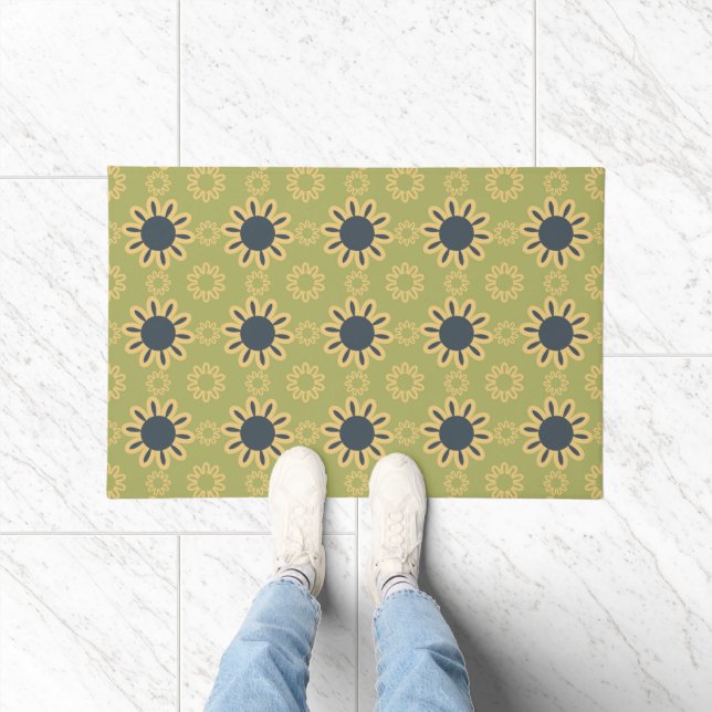 Retro Abstract Black and Yellow Flowers Pattern Doormat (Indoor)