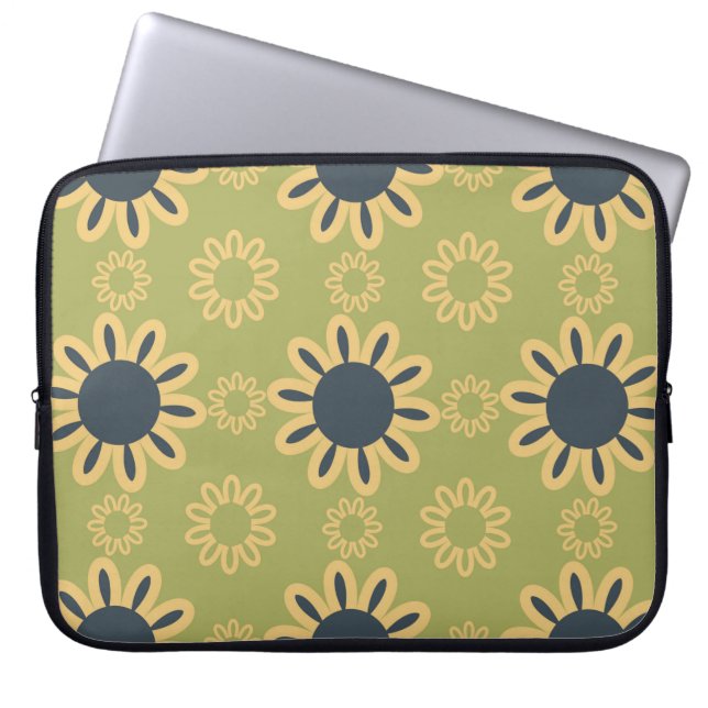 Retro Abstract Black and Yellow Flowers Pattern Laptop Sleeve (Front)
