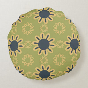 Retro Abstract Black and Yellow Flowers Pattern Round Cushion