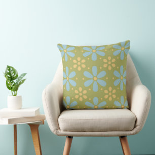Retro Abstract Blue and Yellow Flowers on Green Cushion