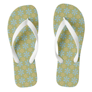 Retro Abstract Blue and Yellow Flowers on Green Jandals