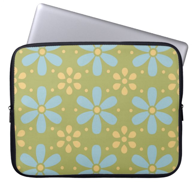 Retro Abstract Blue and Yellow Flowers on Green Laptop Sleeve (Front)