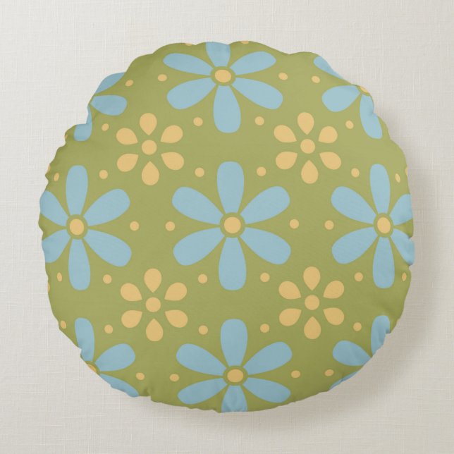Retro Abstract Blue and Yellow Flowers on Green Round Cushion (Front)