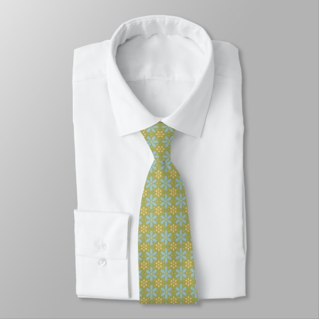 Retro Abstract Blue and Yellow Flowers on Green Tie (Tied)