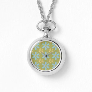 Retro Abstract Blue and Yellow Flowers on Green Watch