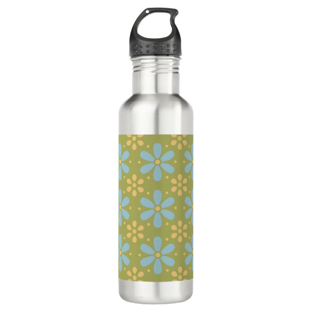 Retro Abstract Blue and Yellow Flowers Pattern 710 Ml Water Bottle (Front)
