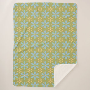 Retro Abstract Blue and Yellow Flowers Pattern Sherpa Blanket