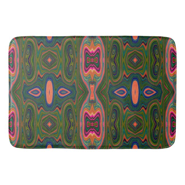 Retro Abstract Blue, Green and Orange Pattern Bath Mat (Front)