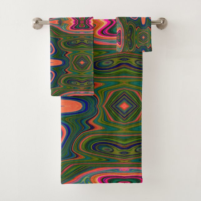 Retro Abstract Blue, Green and Orange Pattern Bath Towel Set (Insitu)