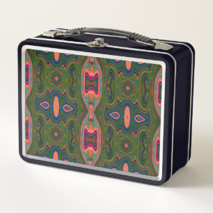 Retro Abstract Blue, Green and Orange Pattern Metal Lunch Box