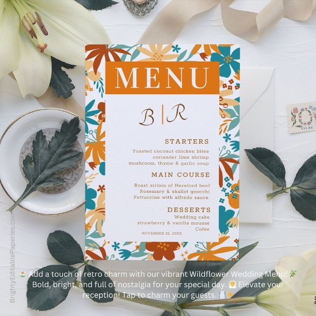 Retro Abstract Bright Bold Wildflower Wedding Menu (Elevate your reception with vibrant nostalgia! 🌿💍)