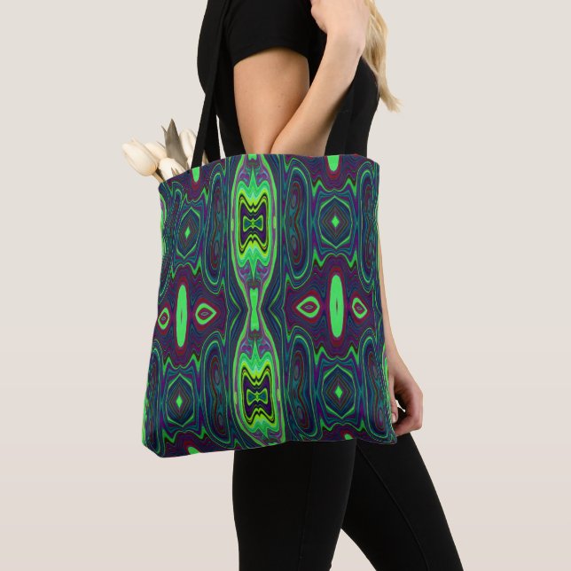 Retro Abstract Chartreuse, Red and Blue Pattern Tote Bag (Close Up)
