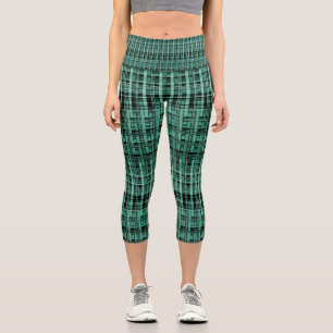 Retro abstract chequered plaid pattern green black capri leggings