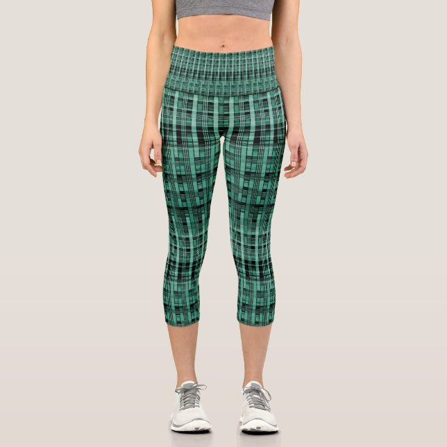 Retro abstract chequered plaid pattern green black capri leggings (Front)