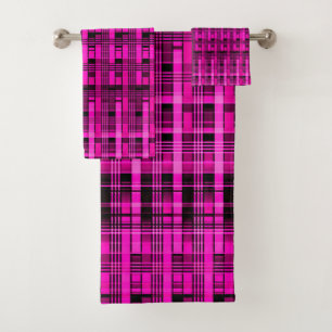 Retro abstract chequered plaid pattern pink black bath towel set