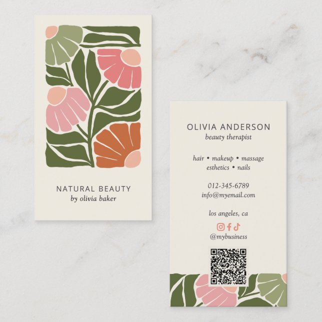 Retro Abstract Floral Botanical QR Code & Socials Business Card (Front/Back)