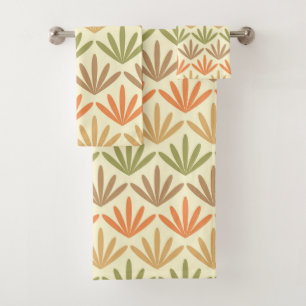 Retro Abstract Floral Pattern in Orange & Olive Bath Towel Set