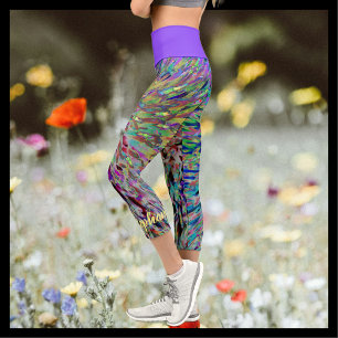Retro Abstract Floral Purple Yellow Blue Name  Capri Leggings