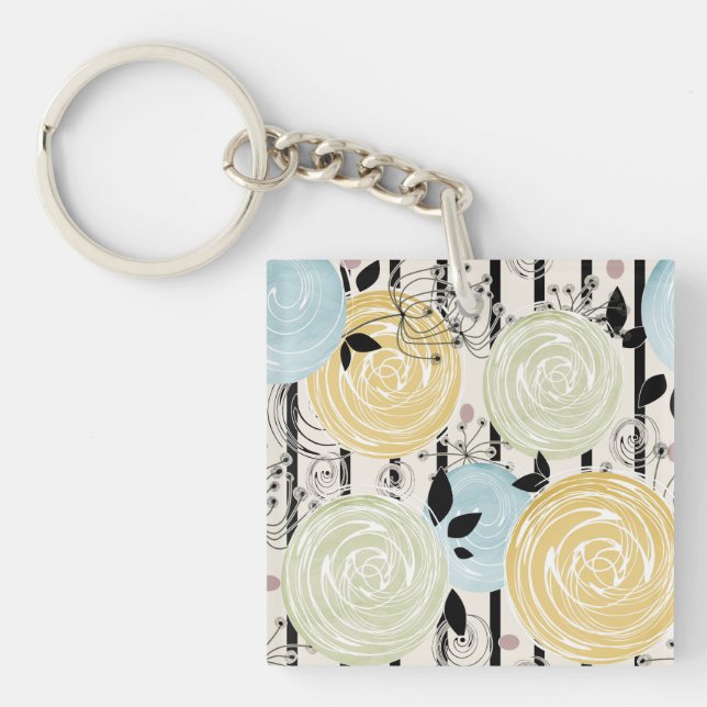 Retro, abstract flowers key ring (Front)
