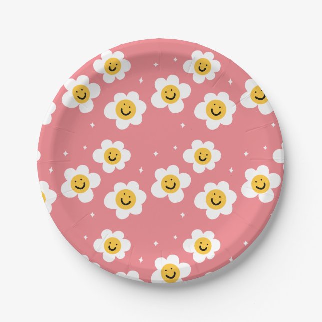 Retro Abstract Funny 90s Emoji Daisy Pattern Paper Plate (Front)