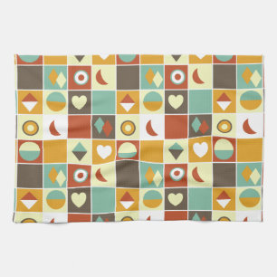 Retro Abstract Geometric Pattern Brown Yellow Red Tea Towel