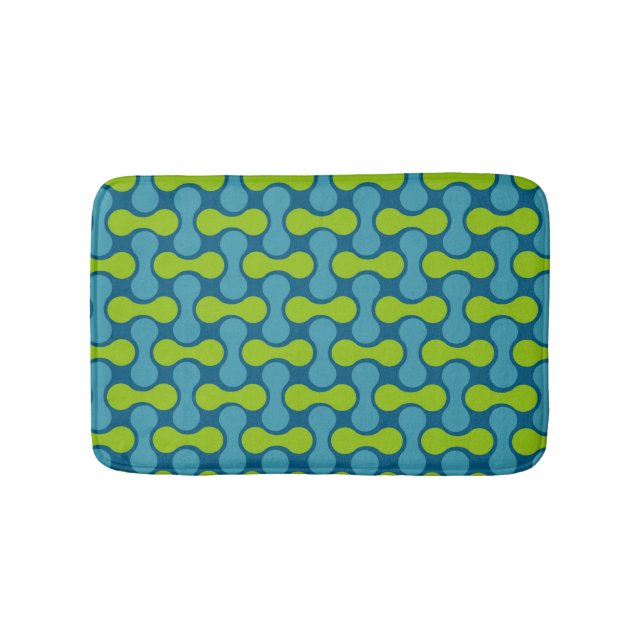 Retro Abstract Geometric Pattern in Blue and Green Bath Mat (Front)