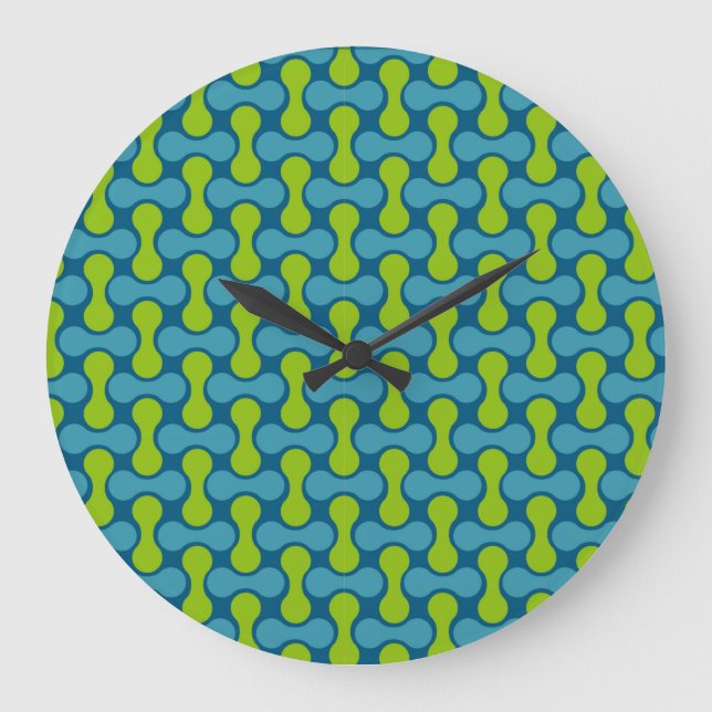 Retro Abstract Geometric Pattern in Blue and Green Large Clock (Front)