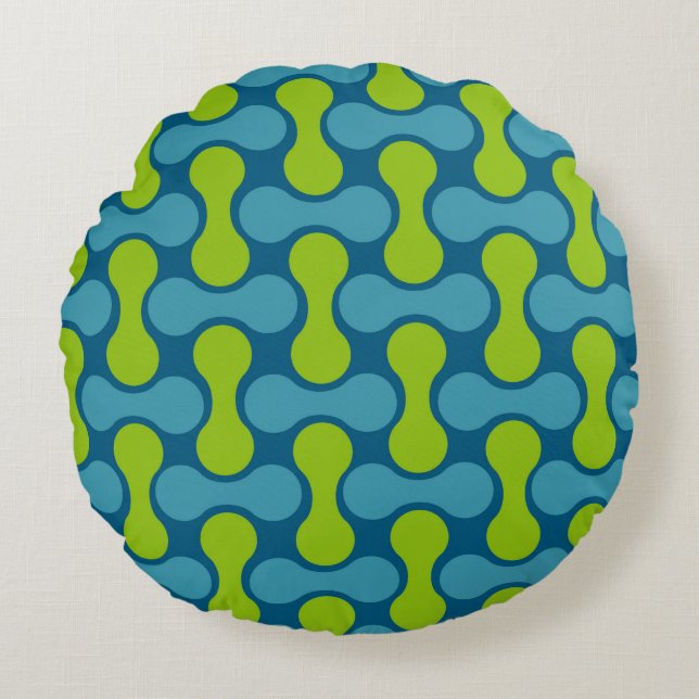 Retro Abstract Geometric Pattern in Blue and Green Round Cushion (Front)