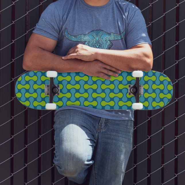 Retro Abstract Geometric Pattern in Blue and Green Skateboard (Outdoor 3)