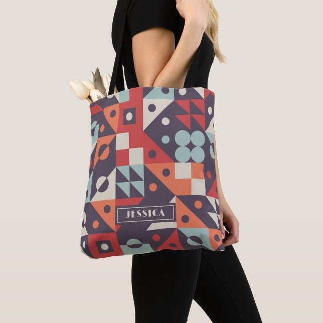 Retro Abstract Geometric Pattern Personalised Name Tote Bag (Close Up)